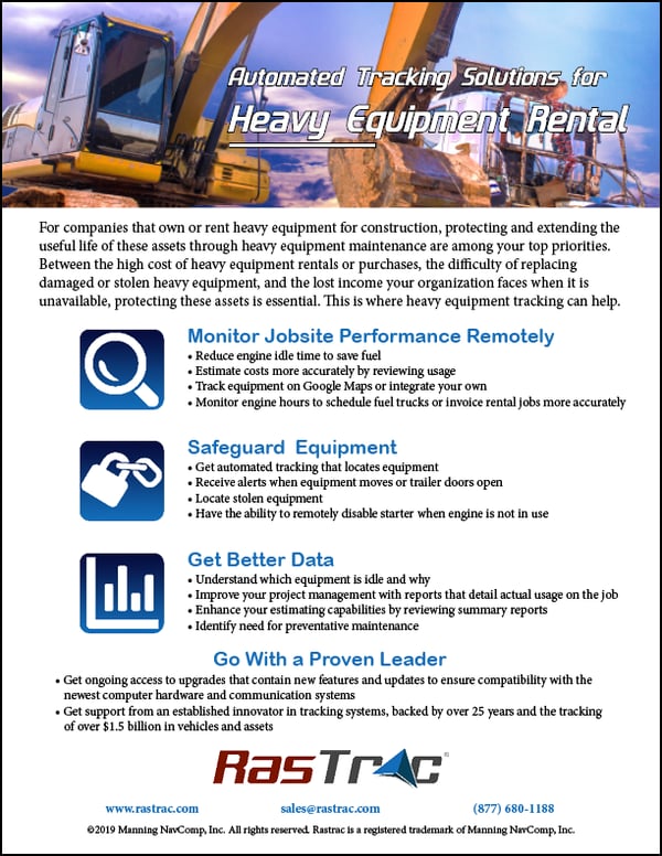 Asset Tracking Heavy Equipment Rental Feature Sheet RASTRAC